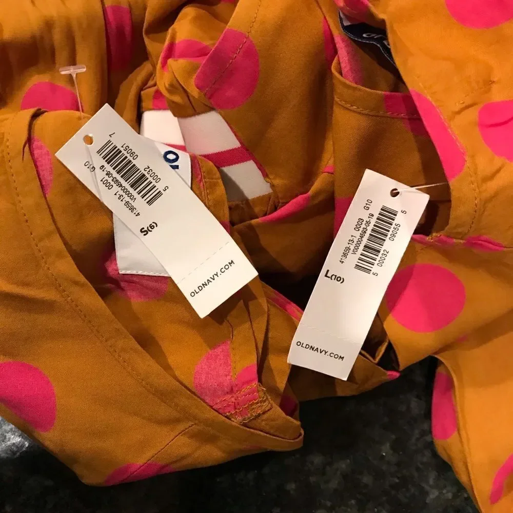 New OLD NAVY Mustard Gold Pink Polka Dot Dress S
